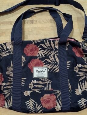 Herschel Supply Company Navy Blue Tote with Red And Khaki Tropical Print